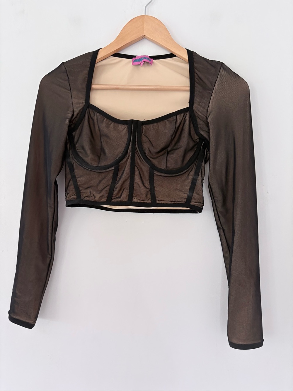 EDIKTED Megan Corset Boning Crop LS Top Black Mesh Nude Underwire Accent NWOT M - Picture 9 of 14